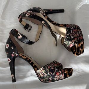 Jessica Simpson size 9.5 black heels, floral, cheetah print